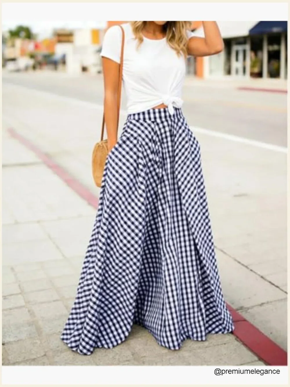 Gingham Maxi Skirt High Waist Pleated A-Line Flowy Checkered Skirt Summer - Picture 6 of 7